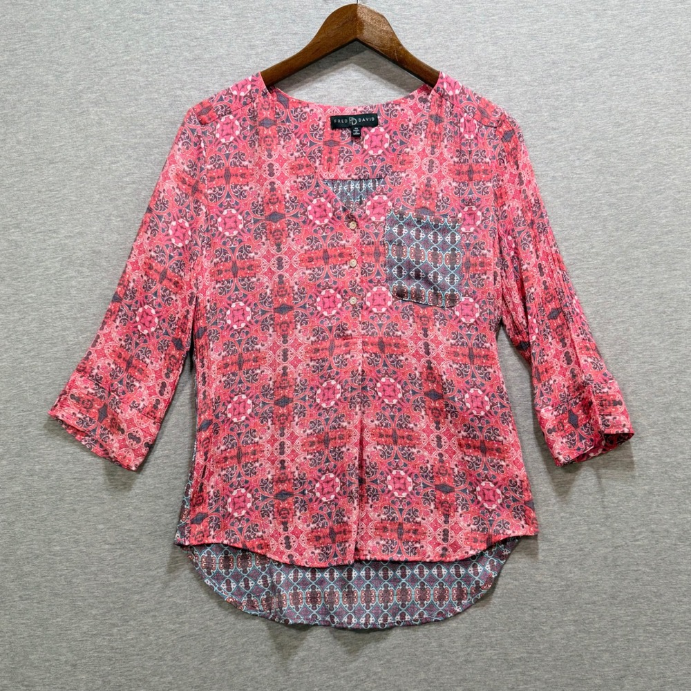 Fred David Blouse Womens PS Pink Mixed Print 3/4 Sleeve Split Neck Top Boho